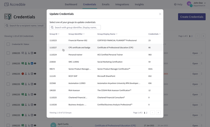 Bulk update credentials for single group - select group